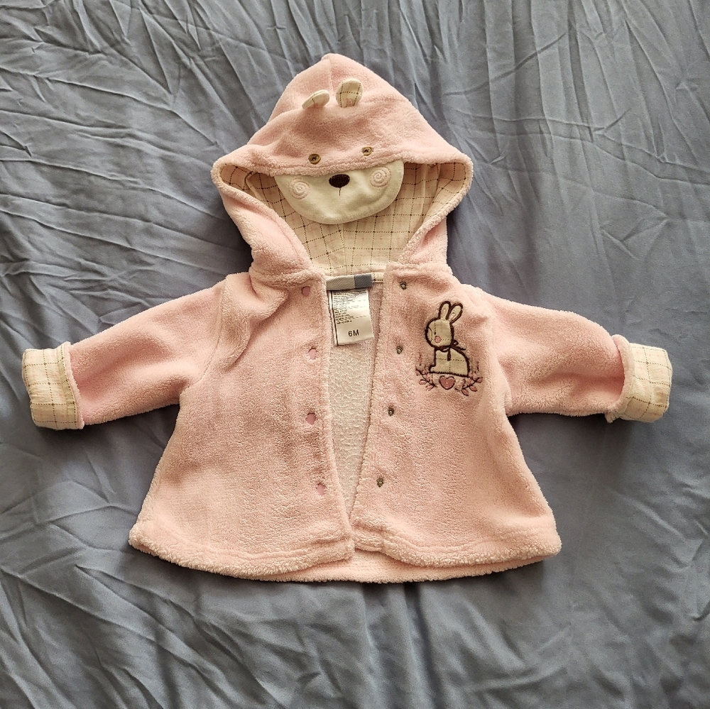 Adorable Pink Baby Hooded Jacket with Bear Design || Pink Sweater 6 Months